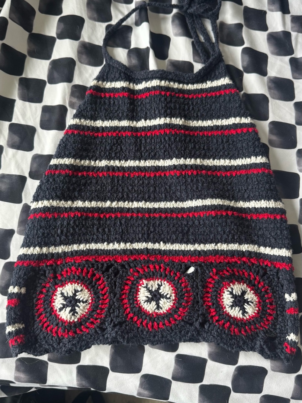 Navy Striped Crochet Halter Dress with Red & Cream Accents